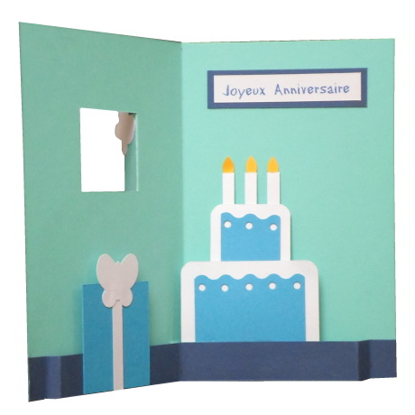 Carte anniversaire pop-up turquoise (exists in english)-CA01